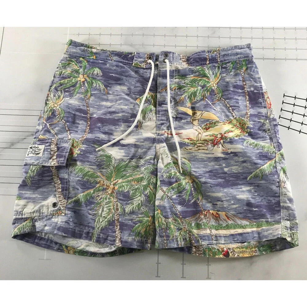 Polo by Ralph Lauren Swim Trunks Mens Medium 33 Blue Surfer Print Elastic Waist